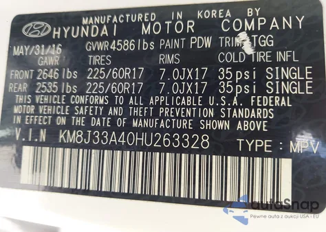 2017 Hyundai Tucson Se z USA, uszkodzony, nr VIN KM8J33A40HU263328